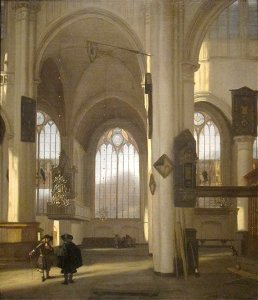 'Interior of a Church', oil on canvas painting by Emanuel de Witte, c. 1680, Cleveland Museum of Art. Free illustration for personal and commercial use.