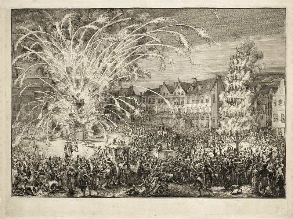 Vuurwerk bij de intocht van Leopold I in Brussel, 1686. NL-HlmNHA 53009112