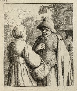Vrouw met mand en man met elkaar in gesprek. NL-HlmNHA 1477 53010960