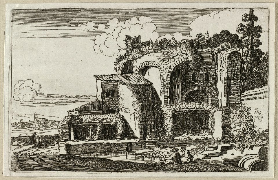 Vissers bij een Romaanse ruïne in een landschap. NL-HlmNHA 53012397