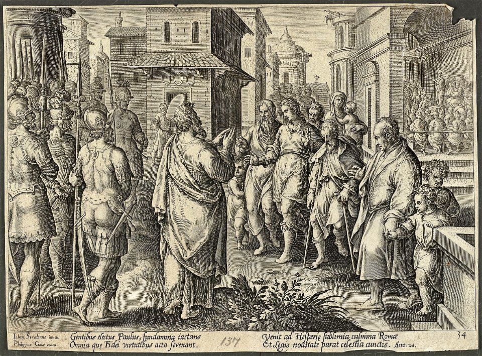 Zeventiende prent uit de ongenummerde, achttiendelige prentenserie getiteld 'Acta Apostolorum' 'Handelingen van de apostelen'. NL-HlmNHA 1477 53008169