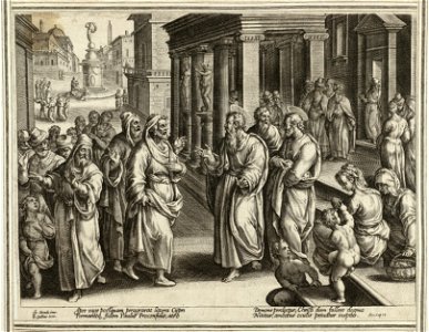 Zevende prent uit de ongenummerde, achttiendelige prentenserie getiteld 'Acta Apostolorum' 'Handelingen van de apostelen'. NL-HlmNHA 1477 53008157
