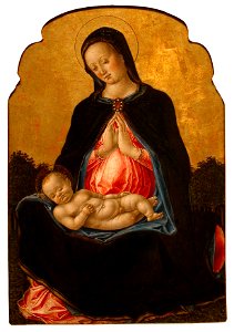 'Madonna and Child', tempera and gold on panel painting by Bartolomeo Vivarini, ca. 1475. Free illustration for personal and commercial use.