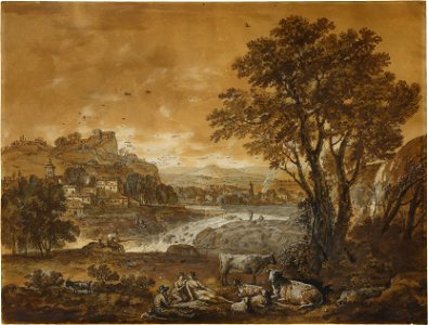 A Landscape with Shepherds Resting Under a Tree by a Cascade