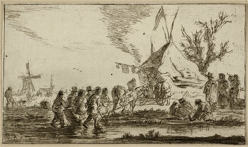 Winterlandschap met vele figuurtjes bij een Koek-en-zopietent langs een bevroren vaart. NL-HlmNHA 1477 53012050