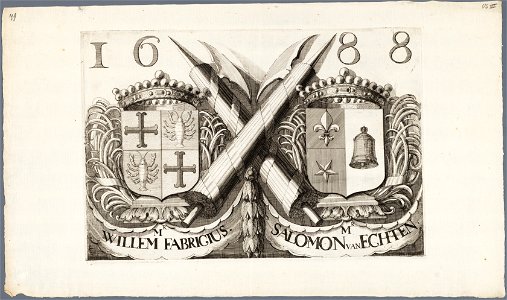 Wapens van Mr.Willem Fabricius en Mr.Salomon van Echten, burgemeesters van Haarlem afbeelding door R.de Hooghe. - s.l. s.n. 1688. - 1 prent op papier kopergravure moet 25,8 , NL-HlmNHA 53008967