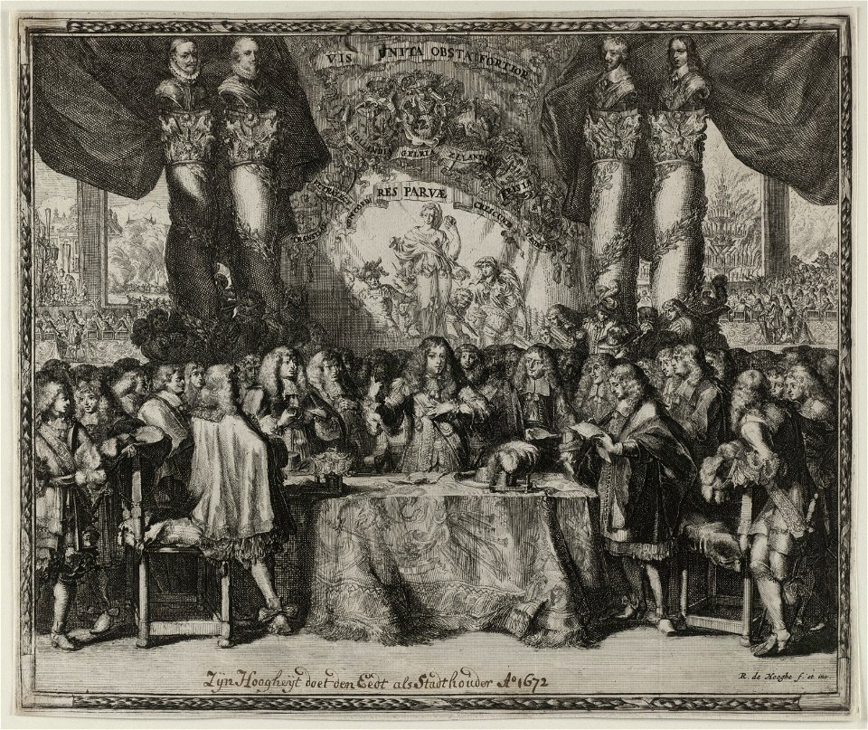 Willem III legt de eed af als kapitein-generaal van de Nederlandse krijgsmacht, 1672. NL-HlmNHA 53009043