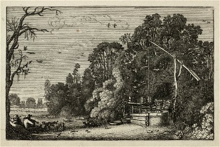 Zittende fluitspelende herder bij een kudde in een landschap. Naast hem een tweede figuur. Voor een bomenrij een waterput. NL-HlmNHA 53012471
