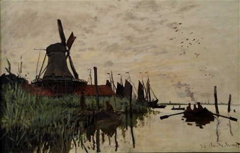 Windmill and Boats near Zaandam, Holland, by Claude Monet, 1871 - Ny Carlsberg Glyptotek - Copenhagen - DSC09437. Free illustration for personal and commercial use.