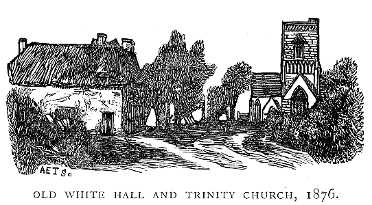 007 - Old White Hall and Trinity Church, 1876. Free illustration for personal and commercial use.