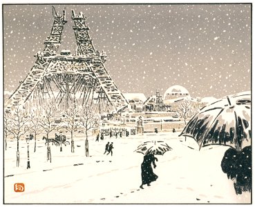 Henri Rivière – Le tour en construction, vue du Trocadéro [from Maître français de l ukiyo-e Henri Rivière]. Free illustration for personal and commercial use.