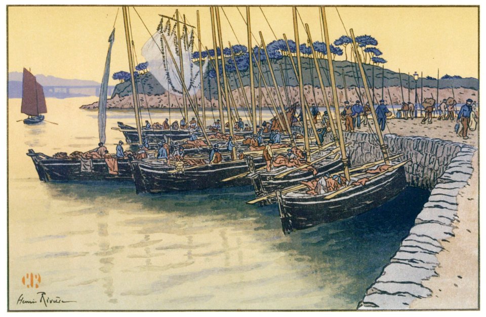 Henri Rivière – « Le Beau Pays de Bretagne » Arrivée de bateaux à Tréboul [from Maître français de l ukiyo-e Henri Rivière]
