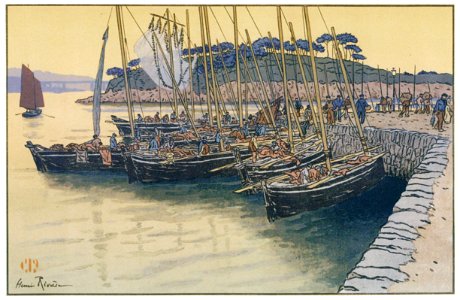 Henri Rivière – « Le Beau Pays de Bretagne » Arrivée de bateaux à Tréboul [from Maître français de l ukiyo-e Henri Rivière]. Free illustration for personal and commercial use.