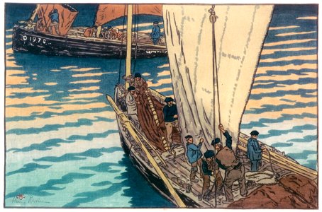 Henri Rivière – « Paysages bretons » Départ des sardiniers à Tréboul [from Maître français de l ukiyo-e Henri Rivière]. Free illustration for personal and commercial use.