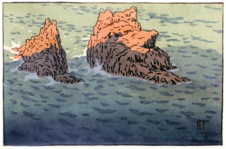 Henri Rivière – « Paysages bretons » Le rocher Ar-Fich (Ploumanac’h) [from Maître français de l ukiyo-e Henri Rivière]. Free illustration for personal and commercial use.