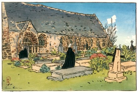Henri Rivière – « Paysages bretons » Cimetière et église de Perros-Guirec [from Maître français de l ukiyo-e Henri Rivière]. Free illustration for personal and commercial use.