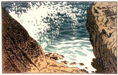 Henri Rivière – « La Mer. études de vagues » Vague frappant contre le rocher et retombant en arceau (pointe de Leidé) [from Maître français de l ukiyo-e Henri Rivière]. Free illustration for personal and commercial use.