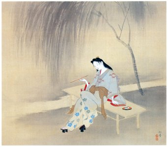 Uemura Shōen – The Beautiful Woman Enjoying Cool Summer Breeze [from Uemura Shōen Exhibition on the 50th Anniversary of Her Death]. Free illustration for personal and commercial use.