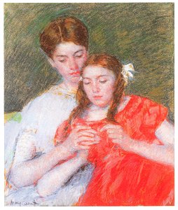 Mary Cassatt – The Crochet Lesson [from Mary Cassatt Retrospective]. Free illustration for personal and commercial use.