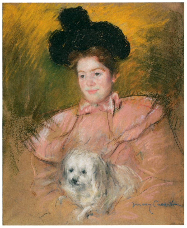 Mary Cassatt – Woman in Raspberry Costume Holding a Dog [from Mary Cassatt Retrospective]