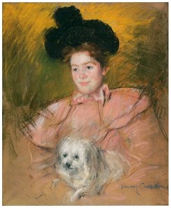 Mary Cassatt – Woman in Raspberry Costume Holding a Dog [from Mary Cassatt Retrospective]. Free illustration for personal and commercial use.