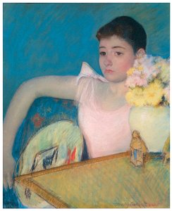 Mary Cassatt – Girl in Pink with a Fan [from Mary Cassatt Retrospective]. Free illustration for personal and commercial use.