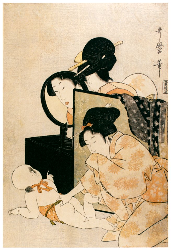 Kitagawa Utamaro – Woman Grimacing in Mirror at Baby on Floor [from Mary Cassatt Retrospective]