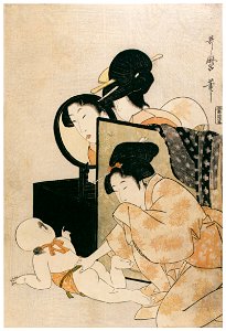 Kitagawa Utamaro – Woman Grimacing in Mirror at Baby on Floor [from Mary Cassatt Retrospective]. Free illustration for personal and commercial use.