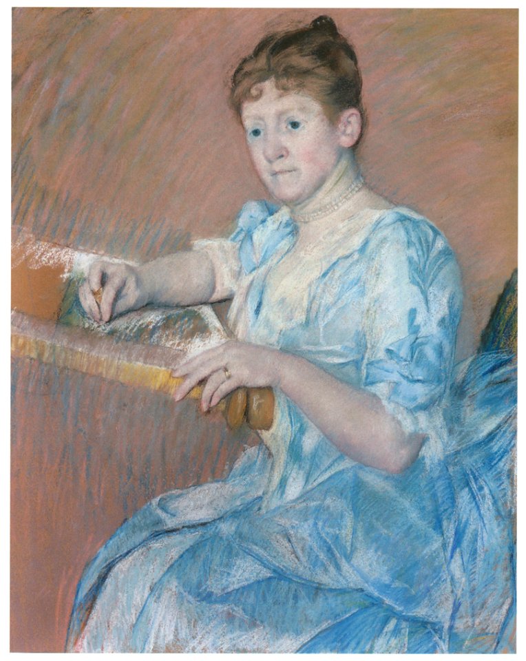 Mary Cassatt – Mrs. Alexander J. Cassatt in a Blue Evening Gown Seated at a Tapestry Fram [from Mary Cassatt Retrospective]. Free illustration for personal and commercial use.