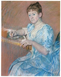 Mary Cassatt – Mrs. Alexander J. Cassatt in a Blue Evening Gown Seated at a Tapestry Fram [from Mary Cassatt Retrospective]. Free illustration for personal and commercial use.
