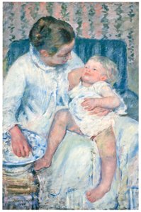 Mary Cassatt – Mother About to Wash Her Sleepy Child [from Mary Cassatt Retrospective]. Free illustration for personal and commercial use.