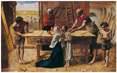 John Everett Millais – Christ in the House of His Parents (The Carpenter’s Shop) [from John Everett Millais Exhibition Catalogue 2008]. Free illustration for personal and commercial use.