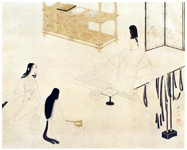 Matsuoka Eikyu – Ex-emperor Gotoba and the Prostitutes of Kanzaki [from Matsuoka Eikyu Exhibition]. Free illustration for personal and commercial use.
