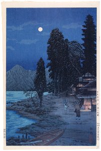 Takahashi Shōtei – The Shores of Lake Chūzenji: The Moon and Flowers in Snow, Nikkō Showplaces [from Shotei (Hiroaki) Takahashi: His Life and Works]. Free illustration for personal and commercial use.