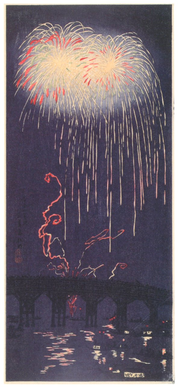 Takahashi Shōtei – Fireworks at Ryōgoku [from Shotei (Hiroaki) Takahashi: His Life and Works]