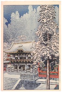 Takahashi Shōtei – Yomeimon Gate: The Moon and Flowers in Snow, Nikkō Showpiaces [from Shotei (Hiroaki) Takahashi: His Life and Works]. Free illustration for personal and commercial use.