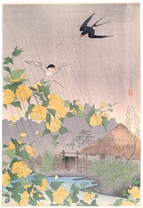 Takahashi Shōtei – Village in Japanese Yellow Roses [from Shotei (Hiroaki) Takahashi: His Life and Works]. Free illustration for personal and commercial use.