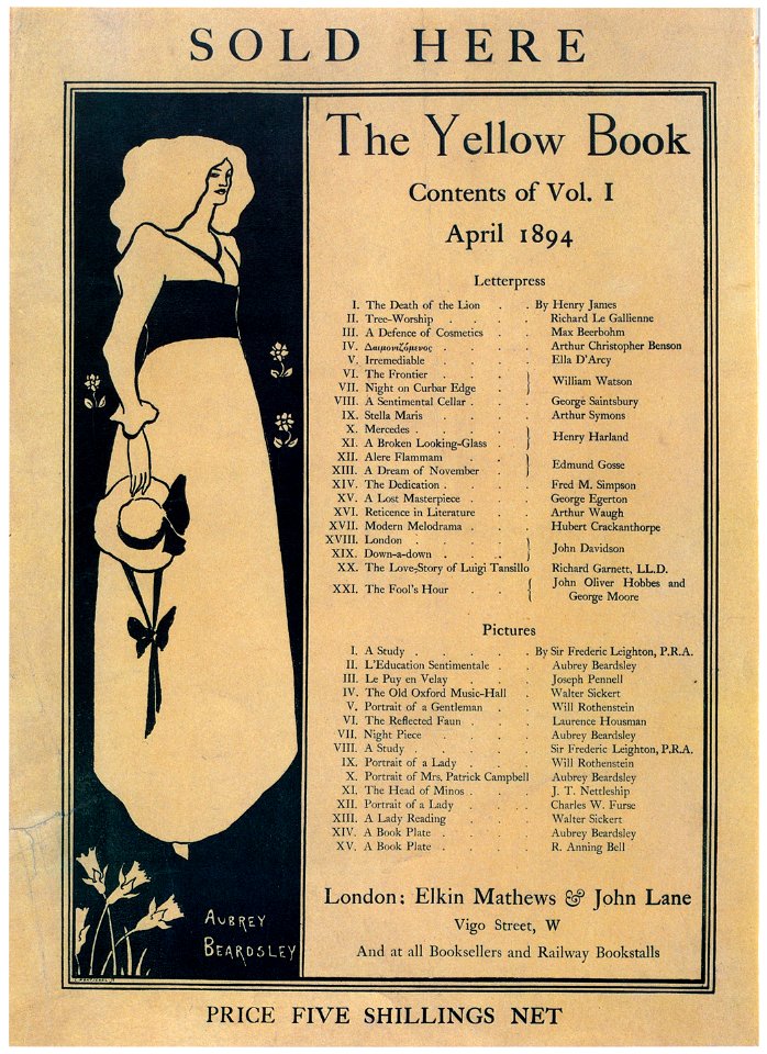 Aubrey Beardsley – Sold Here…. Small poster advertising The Yellow Book [from Aubrey Beardsley Exhibition]. Free illustration for personal and commercial use.