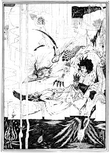 Aubrey Beardsley – How King Arthur saw the Questing Beast and thereof had great Marvel [from Aubrey Beardsley Exhibition]. Free illustration for personal and commercial use.