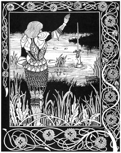 Aubrey Beardsley – How Sir Belvidere cast the Sword Excalibur into the water [from Aubrey Beardsley Exhibition]. Free illustration for personal and commercial use.
