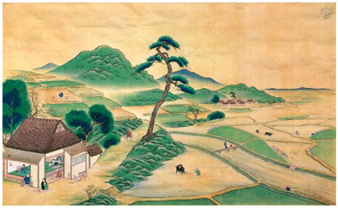 Kawahara Keiga – Spring rural scene [from Catalogue of the Exhibition of Keiga Kawahara]. Free illustration for personal and commercial use.