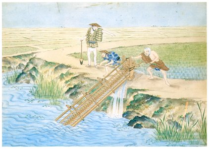 Kawahara Keiga – Irrigation of a rice field [from Catalogue of the Exhibition of Keiga Kawahara]. Free illustration for personal and commercial use.