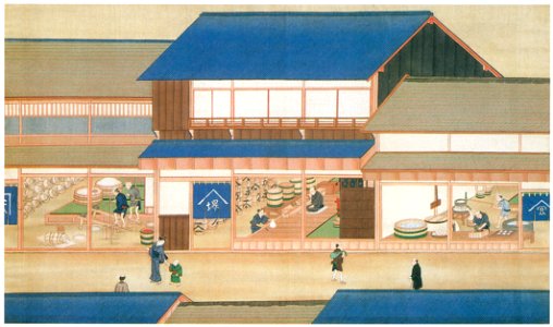 Kawahara Keiga – Rice shop / liquer shop / tōfu (bean-curds) shop [from Catalogue of the Exhibition of Keiga Kawahara]. Free illustration for personal and commercial use.