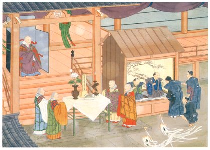 Kawahara Keiga – Priests waiting for the funeral procession [from Catalogue of the Exhibition of Keiga Kawahara]. Free illustration for personal and commercial use.