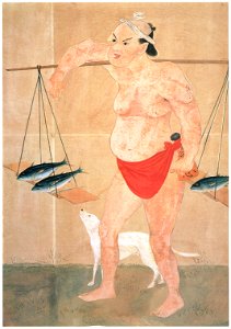 Kawahara Keiga – Fish vendor [from Catalogue of the Exhibition of Keiga Kawahara]. Free illustration for personal and commercial use.