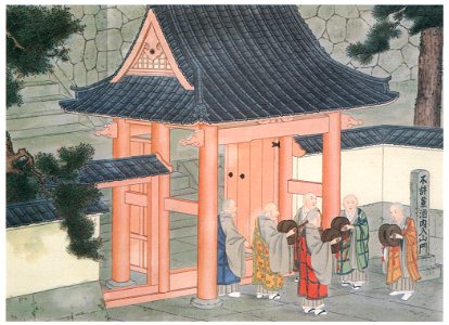 Kawahara Keiga – Priests waiting for the funeral procession [from Catalogue of the Exhibition of Keiga Kawahara]. Free illustration for personal and commercial use.