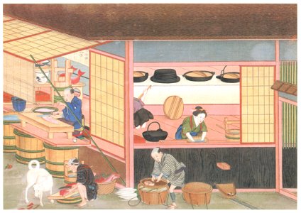 Kawahara Keiga – Preparations for a wedding feast [from Catalogue of the Exhibition of Keiga Kawahara]. Free illustration for personal and commercial use.