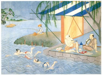 Kawahara Keiga – Cooling off in summer [from Catalogue of the Exhibition of Keiga Kawahara]. Free illustration for personal and commercial use.