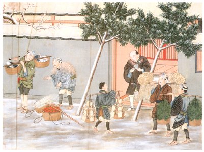 Kawahara Keiga – Vendors of New Year articles [from Catalogue of the Exhibition of Keiga Kawahara]. Free illustration for personal and commercial use.