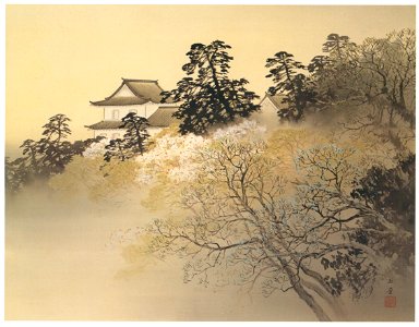 Kawai Gyokudō – Old Castle in Spring Evening [from The Exhibition of Kawai Gyokudō in memory of the 50th anniversary after his death]. Free illustration for personal and commercial use.